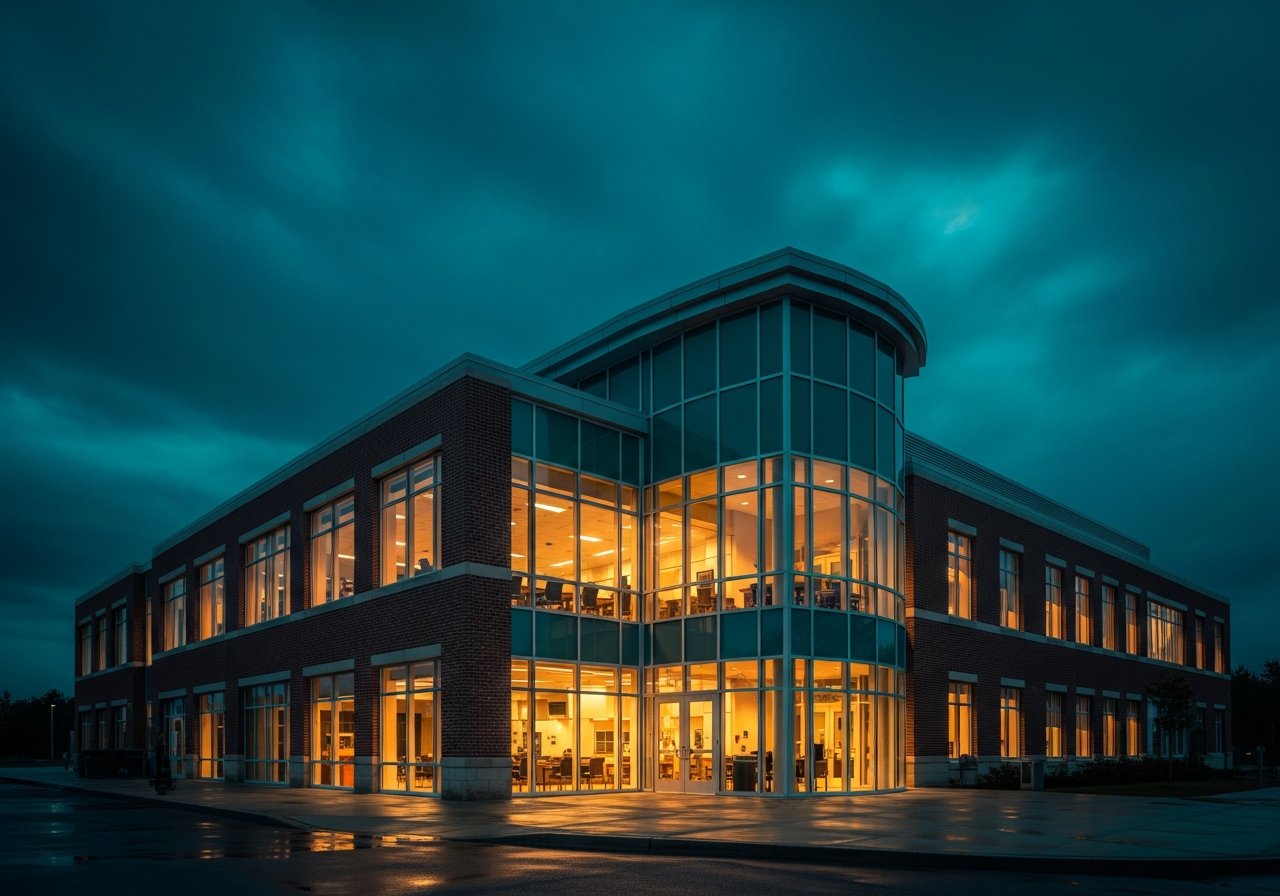 A Maryland community library at night. Its windows glow, the power cuts out during a storm, then the lights return. The kind of building Orivia helps prepare for the worst day.