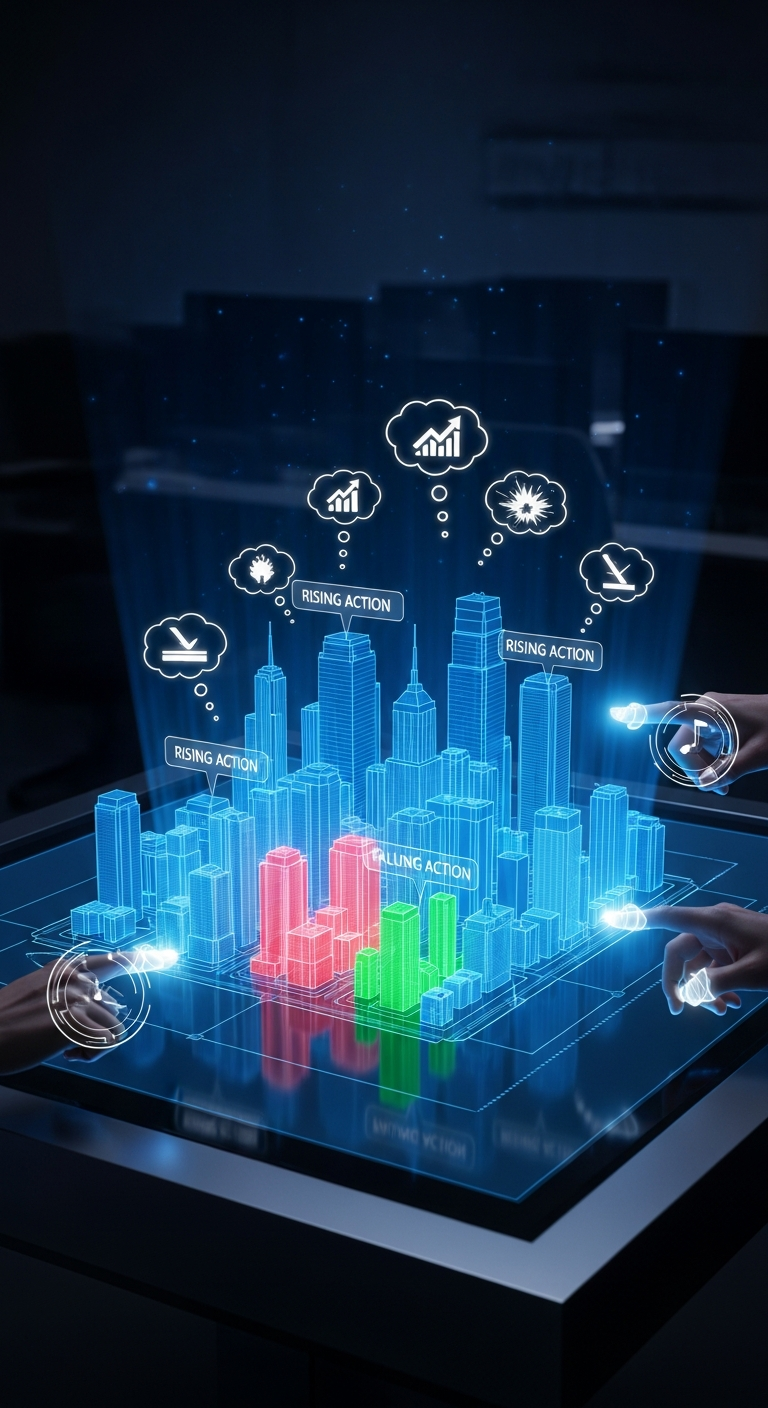 Holographic city narrative visualization representing Orivia's data-to-decision methodology